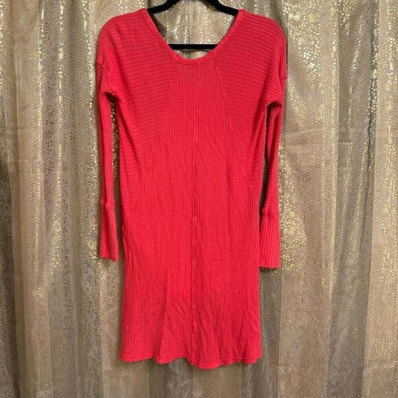 Free People Coral Poppy Red Drippy Ventura Thermal Waffle Boho Top Small - Picture 3 of 9
